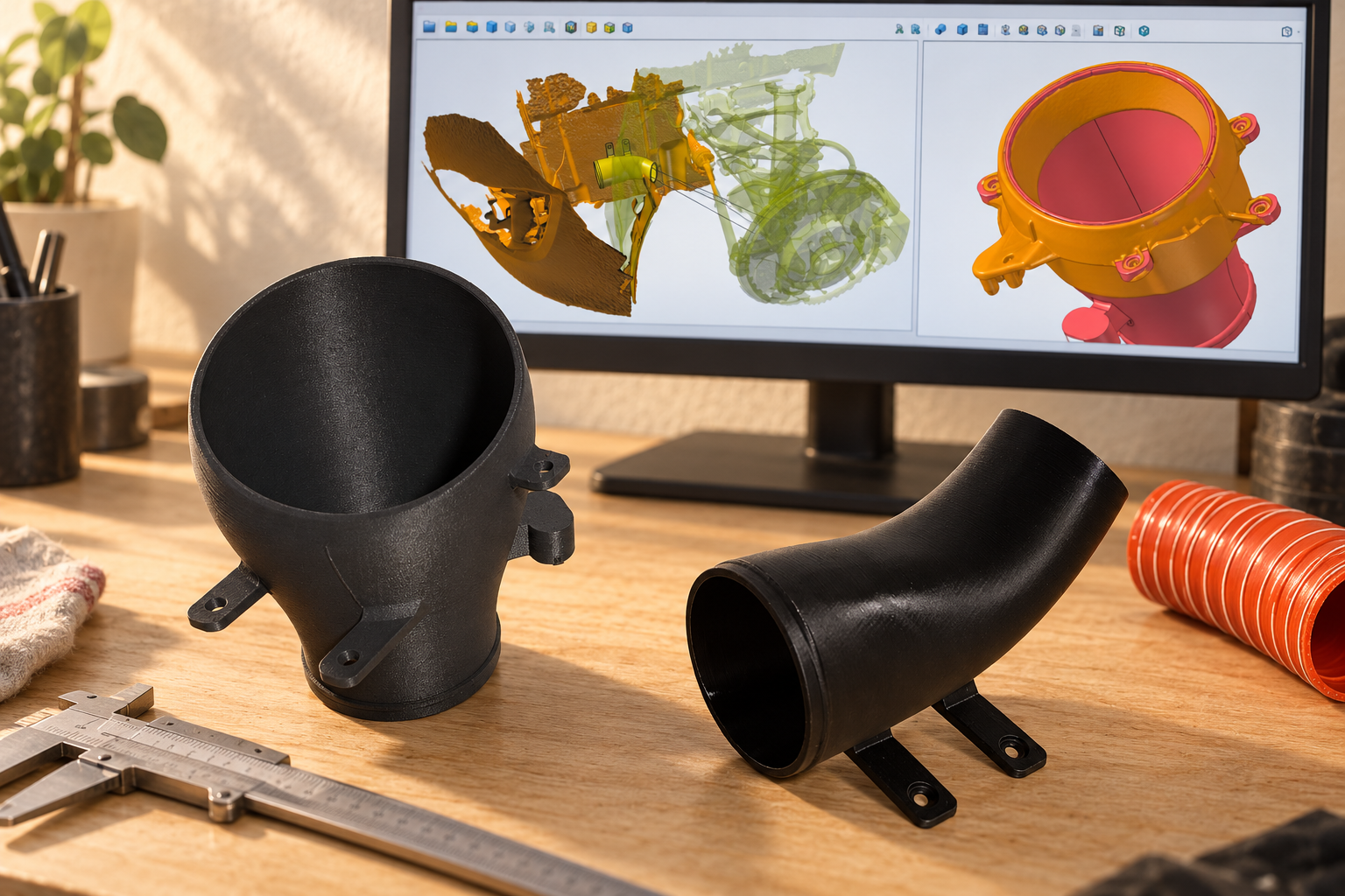 Workshop composition of Mark's black printed brake-cooling ducts with his 3D scans and FreeCAD designs on a screen